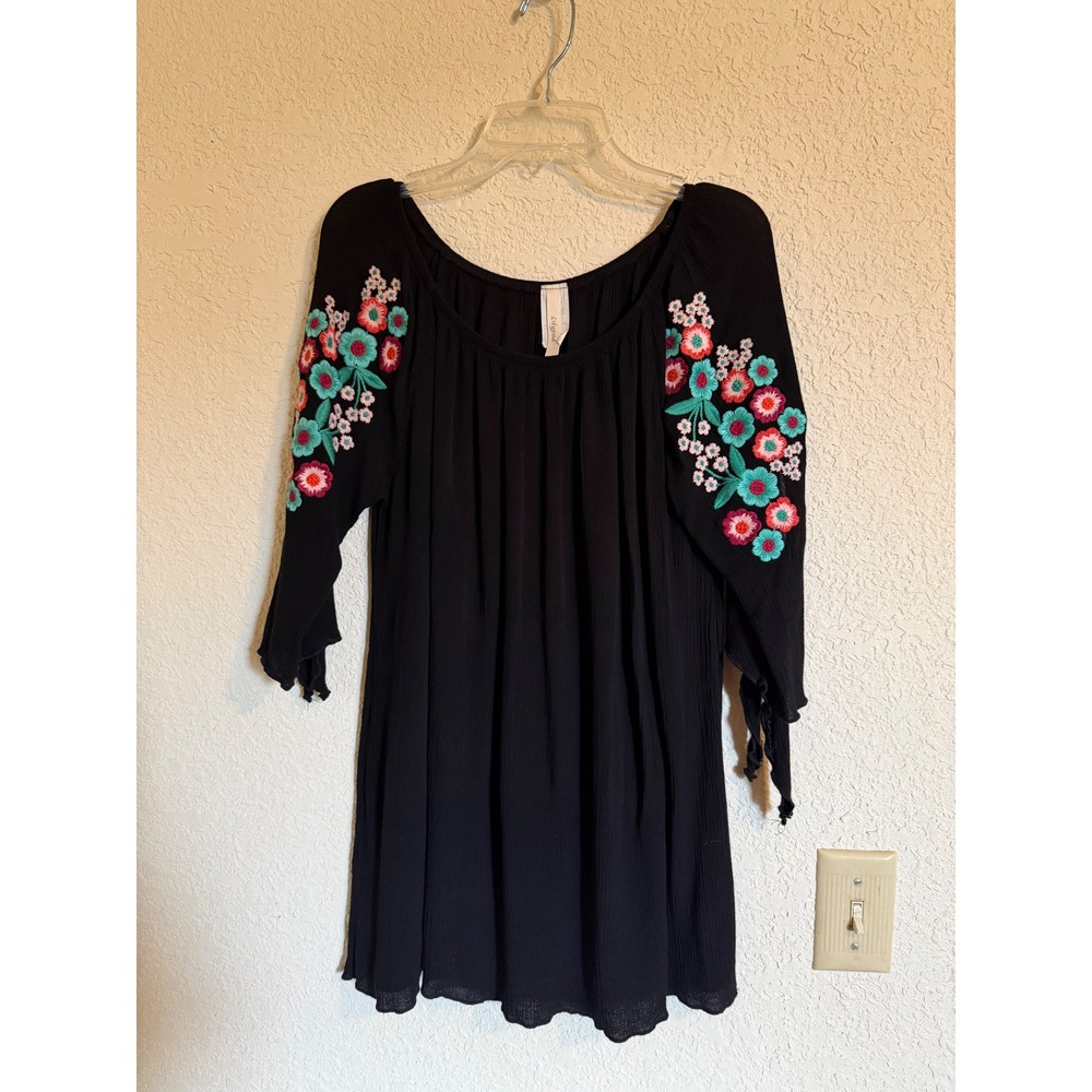 Lilypad Black Floral Embroidered Peasant Tunic Top 3/4 Tie Sleeve Rayon Large